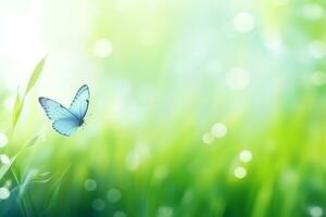 ai généré papillon sur sauvage blanc fleurs dans herbe dans des rayons de lumière du soleil, macro. printemps été Frais artistique image de beauté Matin la nature photo