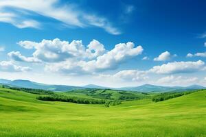 ai généré magnifique flou Contexte image de printemps la nature avec une soigneusement taillé pelouse entouré par des arbres contre une bleu ciel avec des nuages sur une brillant ensoleillé journée photo