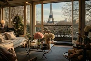 ai généré Eiffel la tour vu par le fenêtre dans Paris, France, une élégant Parisien appartement avec une balcon surplombant le Eiffel la tour, ai généré photo