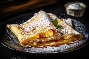 ai généré Crêpes avec crème et Orange sur une plaque, fermer, une fourré au fromage français crêpe avec une saupoudrage de en poudre sucre, ai généré photo