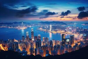 ai généré Hong kong horizon à coucher de soleil, Hong Kong, Chine. vue de victoria culminer, Hong kong ville vue de le de pointe à crépuscule, ai généré photo