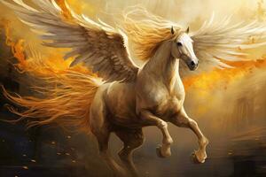 ai généré cheval en volant dans le ciel avec d'or ailes, 3d illustration, illustration La peinture de une en volant cheval avec une d'or crinière dans une fantaisie concept, ai généré photo