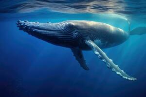 ai généré à bosse baleine nager sous-marin dans bleu l'eau. faune scène, à bosse baleine gracieusement nager dans le Profond bleu océan, capturé par sous-marin la photographie, ai généré photo