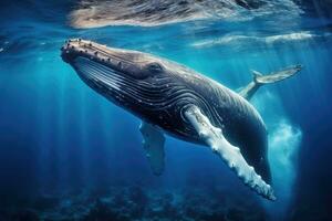 ai généré à bosse baleine dans le Profond bleu océan. sous-marin la photographie, à bosse baleine gracieusement nager dans le Profond bleu océan, capturé par sous-marin la photographie, ai généré photo