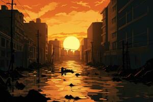 ai généré illustration de une inonder sur une ville rue à coucher de soleil, 3d rendre, illustration de les eaux de crue catastrophe dans le ville, ai généré photo