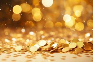 ai généré d'or bokeh abstrait Contexte. Noël et Nouveau année concept, d'or confettis sur une bokeh arrière-plan, contribuant à une de fête décoration, ai généré photo