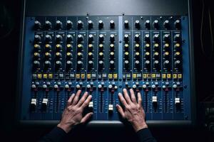 ai généré du son ingénieur travail sur mélange console dans studio, fermer de mains, main sur une du son mixer gare, Haut voir, ai généré photo