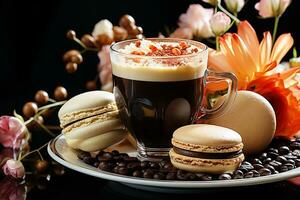 ai généré le délicieux combinaison de café et une sucré traiter, dessert avec une fumant tasse de café photo