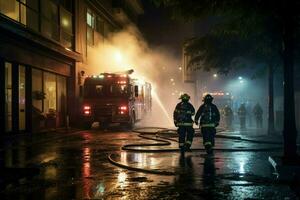 ai généré sapeurs pompiers extincteur une Feu dans une bâtiment à nuit ai généré photo