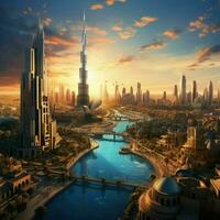 ai généré magnifique vue de Dubai ,beau panoramique vue de grattes ciels et rivière ai généré photo
