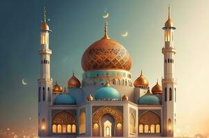 ai généré illustration de incroyable architecture conception de musulman mosquée arabe lanterne de Ramadan fête. photo