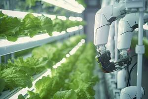 ai généré automatique agricole La technologie avec fermer vue de robotique bras récolte salade dans verticale hydroponique plante. ai généré photo