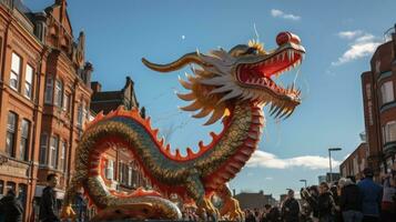 ai généré chinois dragon en dessous de une brillant ciel. ai généré photo