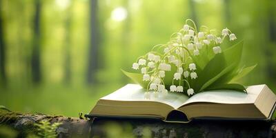 ai généré lis de le vallée fleurs et vieux livres dans le forêt, vert Naturel Contexte. ai généré photo