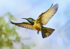 ai généré olive soutenu souimanga, Jaune ventre sunbird en volant dans le brillant ciel. génératif ai photo