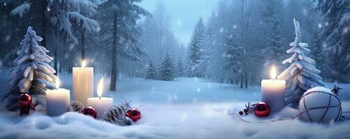 ai généré hiver forêt paysage avec brûlant bougies Noël décoration. ai généré photo
