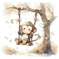 ai généré mignonne content bébé singe sur oscillations sur une arbre dans aquarelle. ai généré photo