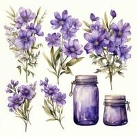 ai généré collection de aquarelle le maçon pots avec violet fleurs clipart. ai généré photo