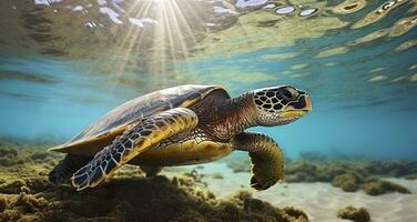 ai généré photo de mer tortue dans le galapagos île. génératif ai