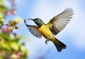 ai généré olive soutenu souimanga, Jaune ventre sunbird en volant dans le brillant ciel. génératif ai photo