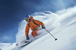 ai généré skieur ski sur Montagne pente. ai généré photo