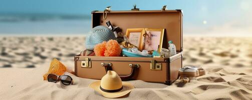 ai généré plage préparation, accessoires dans valise sur sable. génératif ai photo