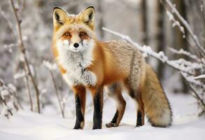 ai généré rouge Renard permanent sur neige. ai généré. photo