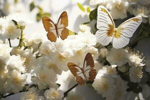 ai généré goden papillons avec blanc fleurs. ai généré photo