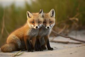 ai généré sauvage bébé rouge renards câlins à le plage. génératif ai photo