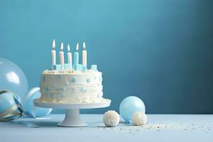 ai généré anniversaire gâteau avec bougies et bonbons sur blanc table près bleu mur. génératif ai photo