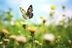 ai généré papillon en volant plus de le prairie. ai généré photo