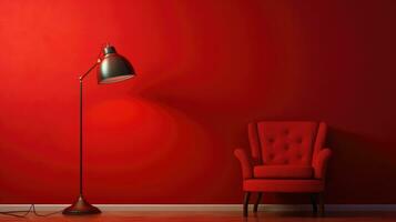 ai généré rouge mur et sol lampe. Contexte. intérieur conception photo