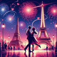 ai généré une romantique des couples en dessous de le feux d'artifice par le Eiffel la tour photo