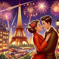 ai généré une romantique des couples en dessous de le feux d'artifice par le Eiffel la tour photo