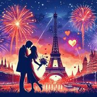 ai généré une romantique des couples en dessous de le feux d'artifice par le Eiffel la tour photo