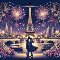 ai généré une romantique des couples en dessous de le feux d'artifice par le Eiffel la tour photo