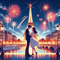 ai généré une romantique des couples en dessous de le feux d'artifice par le Eiffel la tour photo