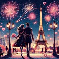 ai généré une romantique des couples en dessous de le feux d'artifice par le Eiffel la tour photo