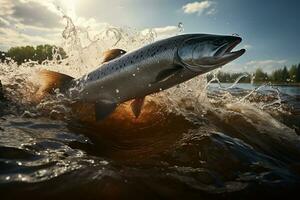 ai généré mer poisson sauter en dehors de l'eau dans brillant journée photo