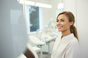 ai généré content Jeune femme souriant vérification en dehors sa parfait en bonne santé les dents séance dans une dentaire chaise à le dentiste photo