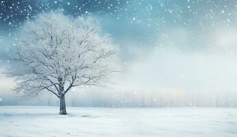 ai généré magnifique Contexte image de petit congères, arbre chute neige et flocons de neige dans blanc et bleu tons. photo