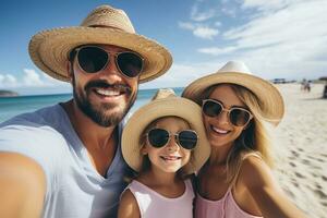 ai généré content famille prise selfie sur plage près mer. été vacances photo