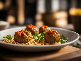 ai généré Boulettes de viande cette Regardez délicieux contre une flou arrière-plan, ai généré photo