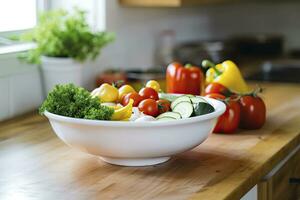 ai généré cuisine encore la vie avec blanc bol de lavé des légumes sur en bois bureau. ai généré photo