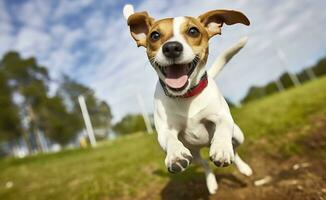 ai généré jack russel pasteur chien courir vers le caméra faible angle haute la vitesse tir. ai généré photo