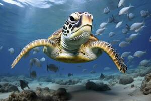 ai généré tortue fermer avec école de poisson. ai généré photo