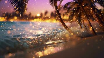 ai généré plage avec vagues et noix de coco des arbres à le coucher du soleil. génératif ai photo