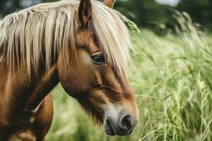 ai généré marron cheval avec blond cheveux mange herbe sur une vert Prairie détail de le diriger. ai généré photo