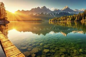 ai généré impressionnant été lever du soleil sur eibsee Lac avec zugspitze Montagne gamme. ai généré photo