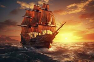 ai généré pirate navire voile sur le océan à le coucher du soleil. ancien croisière. ai généré photo